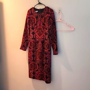 Maggy London dress, long sleeve! Beautiful red, magenta, black floral pattern!!